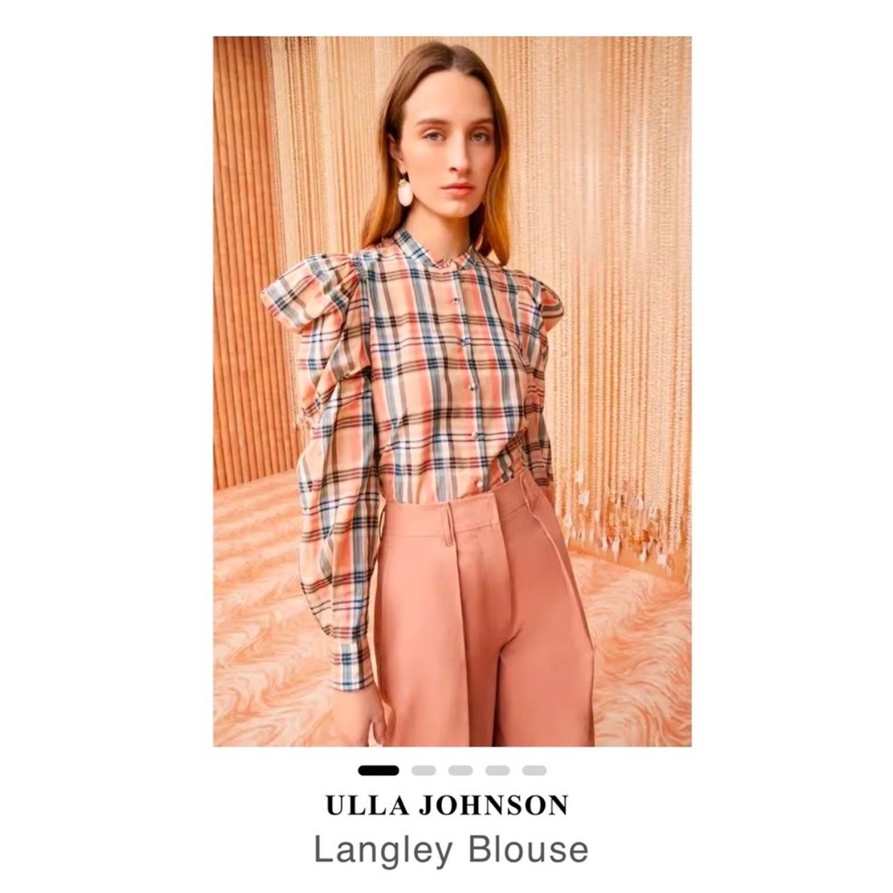 Ulla Johnson Langley Blouse Plaid Puff Sleeve Silk Cotton Top Orange Blue Size 2